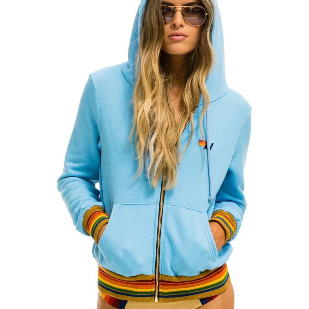 Aviator Nation Womens RAINBOW RIB HOODIE- SKY